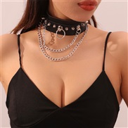 (NZ2923heise)occidental style punk black leather Collar personality Irregular Rivet chainPU circle necklace clavicle ch