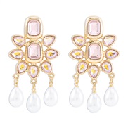 ( Pink)E occidental style palace geometry diamond flowers ear stud  retro temperament imitate Pearl tassel drop earring