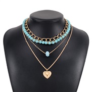 ( Gold+blue )occidental style necklace  Bohemia turquoise love pendant multilayer chain clavicle chain