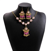 (E2 81 2 )occidental style retro Bohemian style Rhinestone set  exaggerating personality drop beads necklace tassel ear