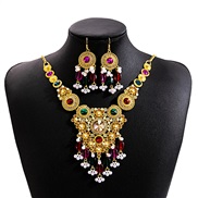 (E1888 1)occidental style retro ethnic style set  exaggerating luxurious drop necklace palace wind Round tassel earring
