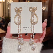 (A621gold )silver samll Pearl long style tassel earrings womanins all-Purpose temperament bow ear stud Earring