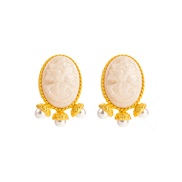 silver Oval Pearl earrings retro high ear stud temperament palace wind Tyrant gold Earring