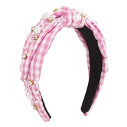 ( Pink)F fashion color grid Cloth Headband  imitate Pearl Rhinestone sweet retro Headband
