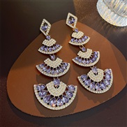 ( Silver needle purple)exaggerating long style diamond sector tassel silver earrings occidental style personality tempe