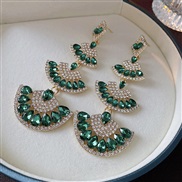 ( Silver needle  green)exaggerating long style diamond sector tassel silver earrings occidental style personality tempe