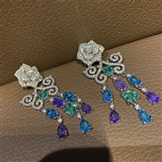 ( Silver needle  Color)silver zircon rose butterfly tassel earrings personality creative ear stud fashion temperament E