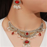 ( red)occidental style exaggerating Bohemia ethnic style Alloy mosaic gem earrings necklace set retro