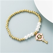 ( Pink) fashion bronze gilded Pearl personality creative style enamel key pendant bracelet bangle