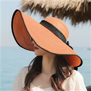 (M56-60cmRope)( orange)Korean style big straw hat sunscreen sun hat Sandy beach woman summer foldable sun hat all-Purpo