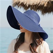 (M56-60cmRope)( Navy blue)Korean style big straw hat sunscreen sun hat Sandy beach woman summer foldable sun hat all-Pu
