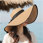 (M56-60cmRope)( khaki  black)Korean style big straw hat sunscreen sun hat Sandy beach woman summer foldable sun hat all