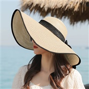 (M56-60cmRope)( Beige  black)Korean style big straw hat sunscreen sun hat Sandy beach woman summer foldable sun hat all