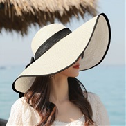 (M56-60cmRope)( while   black)Korean style big straw hat sunscreen sun hat Sandy beach woman summer foldable sun hat al