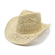 (M56-58cm)( Beige) flower handmade weave hollow Cowboy straw hat man woman summer sunscreen hat occidental style Cowboy