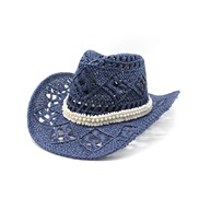 (M56-58cm)( Navy blue)hollow Cowboy straw hat Sandy beach man woman summer Outdoor Shade straw hat