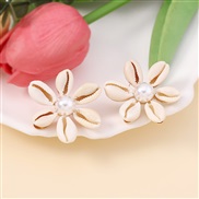 ( white) Bohemian style imitate Pearl Shells personality flowers ear stud     occidental style exaggerating wind woman 