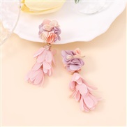 ( Pink)Korean style samll long style petal tassel Cloth multilayer Chiffon flowers earrings     Cloth fashion sweet