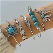 (26428 blue) Bohemian style embed turquoise leaves bangle ethnic style bow flowers turquoise bracelet more