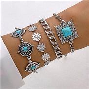 (25448 silverblue) Bohemian style embed turquoise leaves bangle ethnic style bow flowers turquoise bracelet more