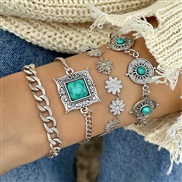 (25448 silvergreen) Bohemian style embed turquoise leaves bangle ethnic style bow flowers turquoise bracelet more