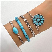 (25451 silver) Bohemian style embed turquoise leaves bangle ethnic style bow flowers turquoise bracelet more