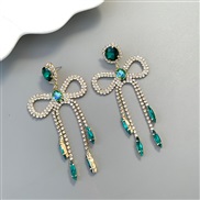 (green ) high bow earrings woman sweet Alloy embed colorful diamond claw chain tassel Earring