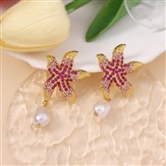 ( red) fashion wind diamond trend Colorful starfish     imitate Pearl pendant wind Earring