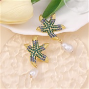 ( green) fashion wind diamond trend Colorful starfish     imitate Pearl pendant wind Earring