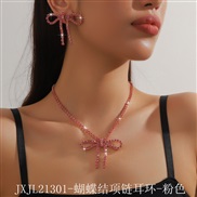 (JXTL213 1butterfly  necklace  Pink) occidental style retro Rhinestone big bow necklace earrings set exaggerating tempe