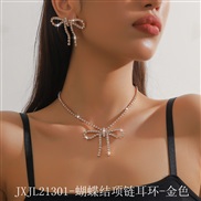 (JXTL213 1butterfly  necklace  Gold) occidental style retro Rhinestone big bow necklace earrings set exaggerating tempe