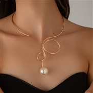 ( 1  Gold 6377)occidental style punk Metal circle bow Collar woman drop imitate Pearl necklace