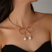 ( 2  Gold 6378)occidental style punk Metal circle bow Collar woman drop imitate Pearl necklace