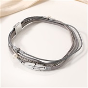 (F1191) creative diamond chain leaves Pearl leather bracelet brief fashion leather weave