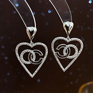 ( Silver needle  Silver)silver love embed zircon earrings Korea brief Word ear stud fashion temperament earring high Ea