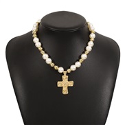 ( Gold)occidental style personality fashion fashion necklace  Pearl splice cross samll clavicle chain