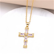 (purple)occidental style retro color cross pendant necklace bronzek gold clavicle chainnkb