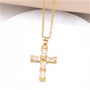 ( Pink)occidental style retro color cross pendant necklace bronzek gold clavicle chainnkb