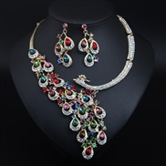 ( Color)( green)  occidental style exaggerating crystal peacock necklace earrings set bride banquet woman fashion