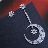 9982 fine 925 silver  Korean style fashion  bronze mosaic zircon Moon and stars asymmetry personality ear stud