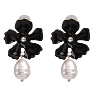 ( black)sweet flowers ear stud woman temperament all-Purpose embed Pearl enamel earrings Korea brief arring woman