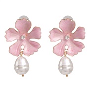( Pink)sweet flowers ear stud woman temperament all-Purpose embed Pearl enamel earrings Korea brief arring woman