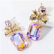 ( Pink)occidental style exaggerating multilayer Alloy bow square diamond glass diamond earrings high-end super temperame