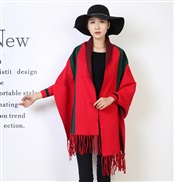 ( red)autumn Winter belt sleeves shawl fashion Stripe scarf woman wind two more thick bat shirt Coat