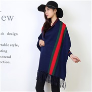 ( Navy blue)autumn Winter belt sleeves shawl fashion Stripe scarf woman wind two more thick bat shirt Coat