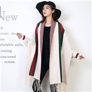 ( Beige)autumn Winter belt sleeves shawl fashion Stripe scarf woman wind two more thick bat shirt Coat