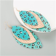 ( Lake Blue )occidental style creative exaggerating multilayer leather print leaves Modeling earrings Bohemia fashion tr
