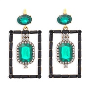 ( green)occidental style exaggerating personality square earrings woman Alloy embed colorful diamond retro temperament B