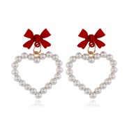 ( red)silver Korean style brief embed Pearl heart-shaped pendant bow earrings temperament hollow Peach heart ear stud wo
