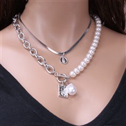 ( Silver Ellipse necklace)occidental style  all-Purpose bronze snake chain Pearl coin necklace woman  two